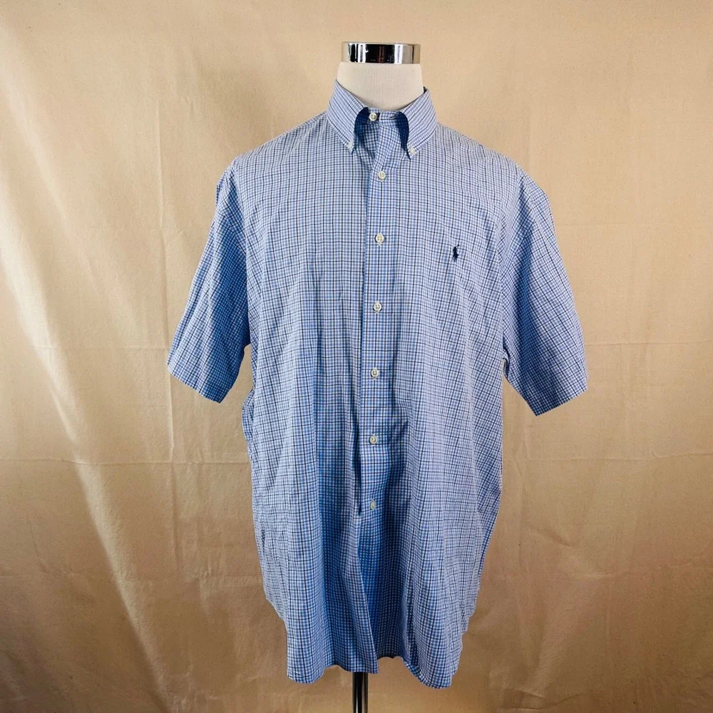 Polo Ralph Lauren XL Blake Button Down Shirt Blue Whtie Plaid Short Sleeve Mens